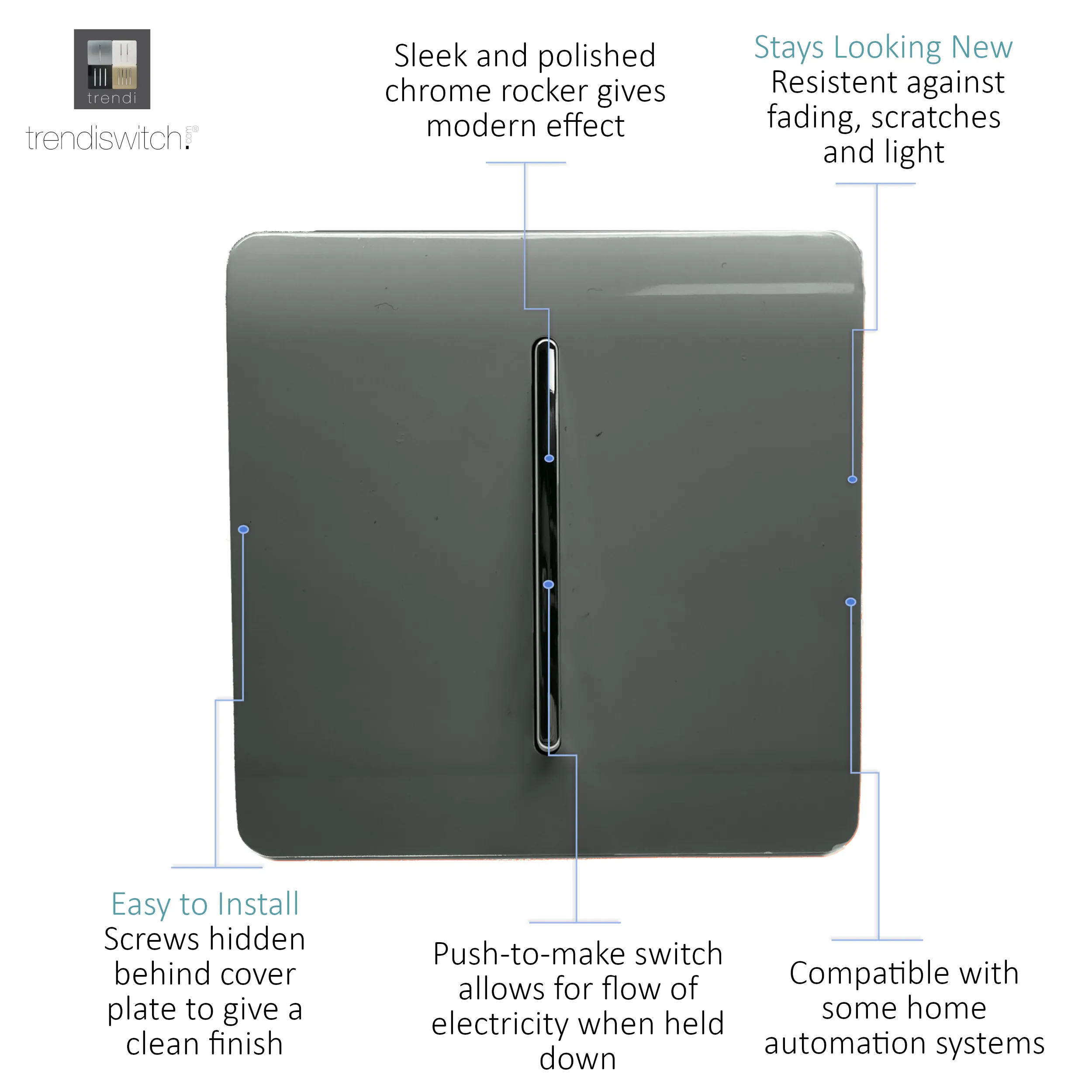 1 Gang Retractive Home Auto.Switch Charcoal ART-SSR1CH  Trendi Charcoal